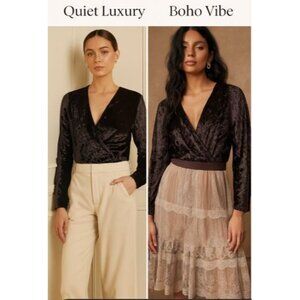 Free Press Black Crushed Velvet Long-Sleeve Wrap Bodysuit L  Boho Chic Quiet Lux